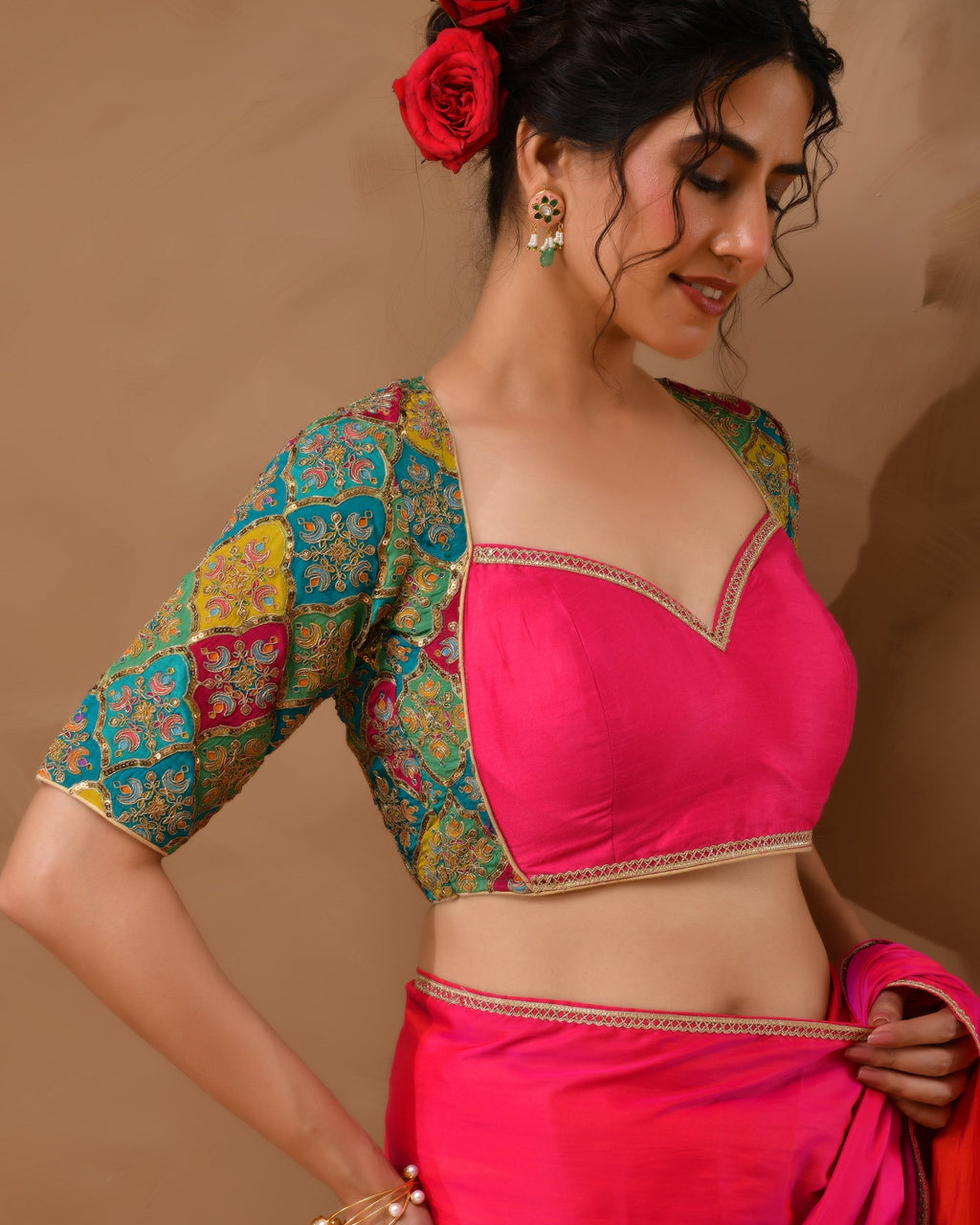 Amodini Designer Studio Women's Madhubala Style Pink Blouse With Sleeves