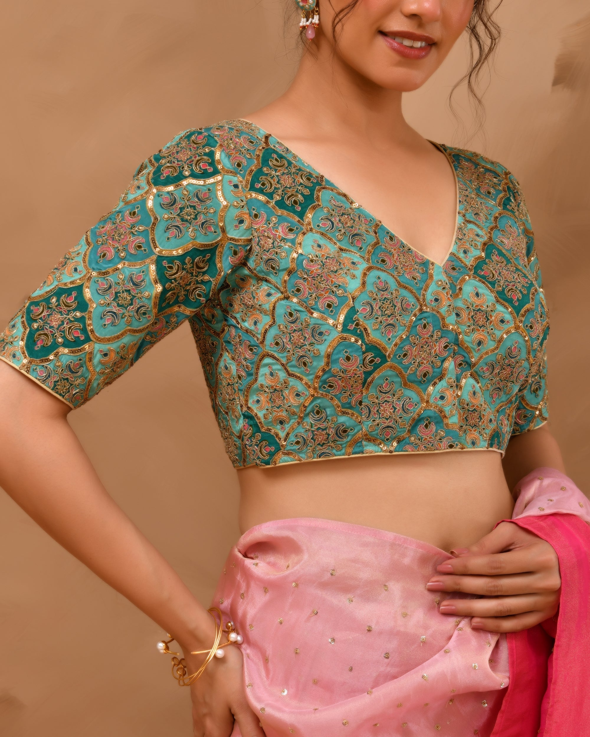 Amodini Designer Studio Women's Aqua Geometric Pattern Embroidered Blouse