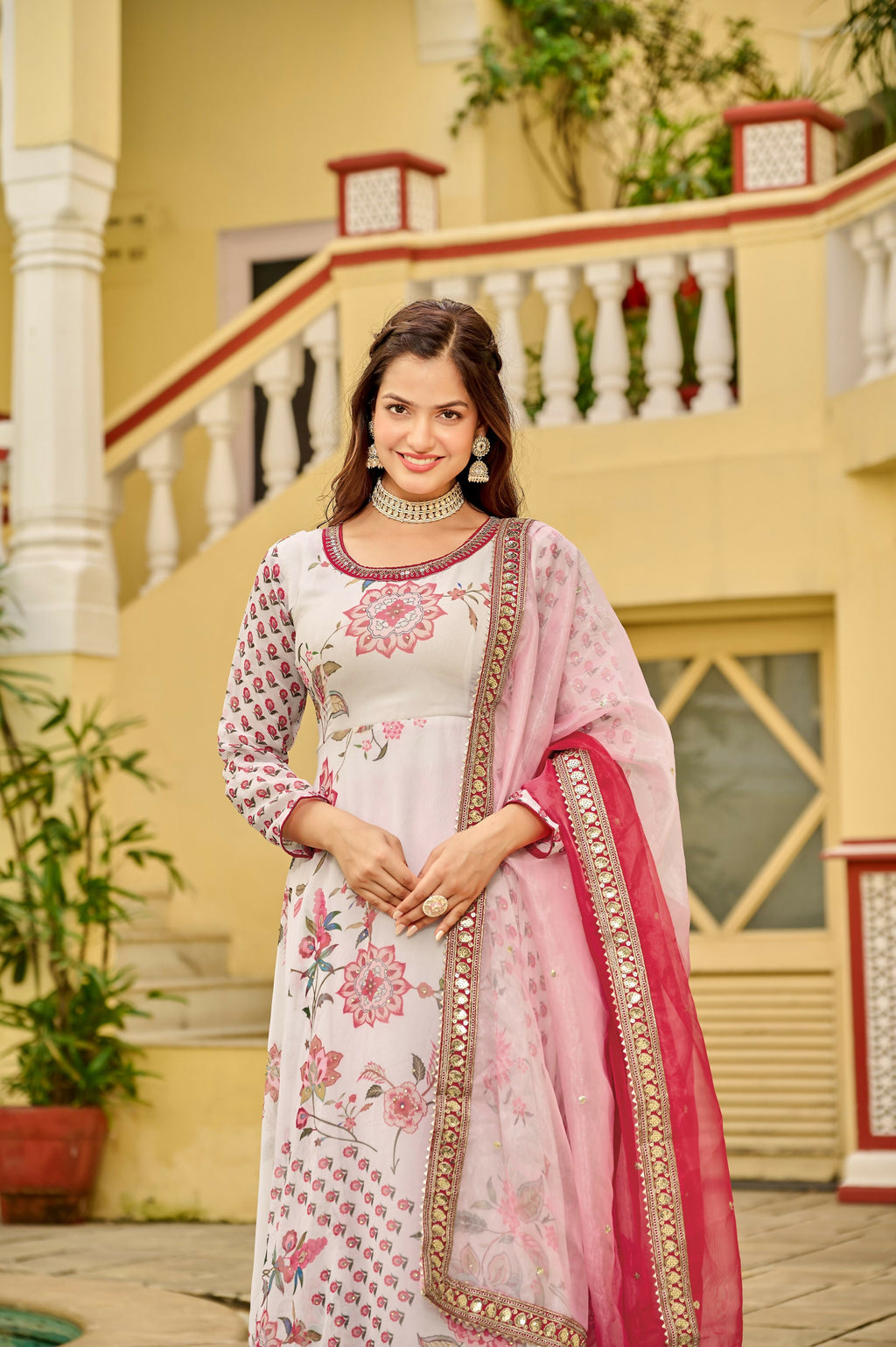 Joban Fashion Pink/white Kurta Set Georgette Embroidery Sequence Work