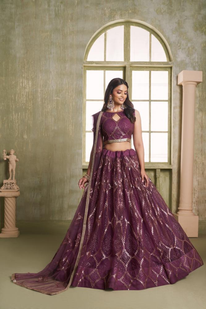 Aastha Fashion Wine Butterfly Net Tone To Tone Cotton Thread Work And Sequence Work Embroidery Wedding Wear Lehenga Choli