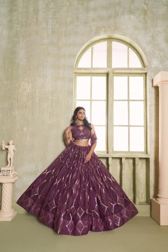 Aastha Fashion Wine Butterfly Net Tone To Tone Cotton Thread Work And Sequence Work Embroidery Wedding Wear Lehenga Choli