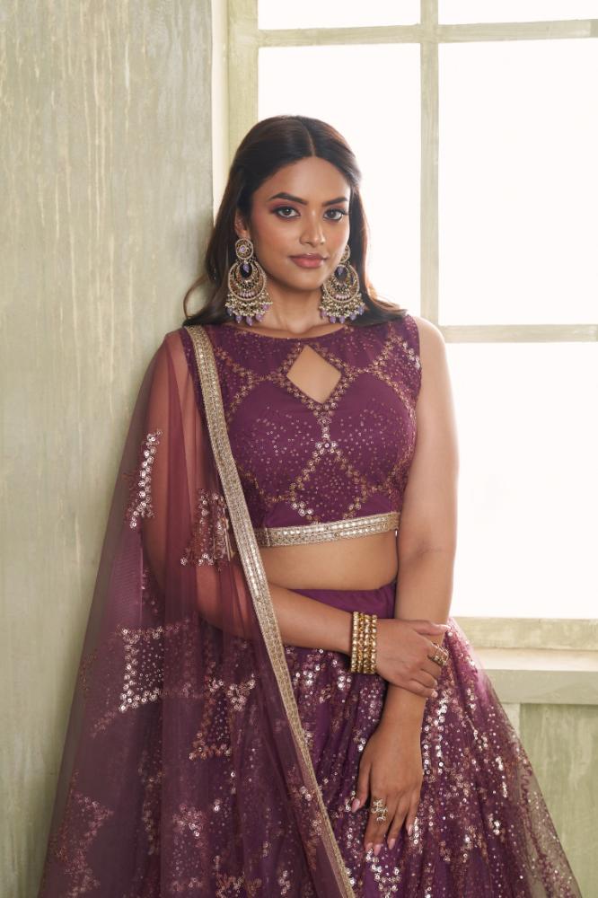 Aastha Fashion Wine Butterfly Net Tone To Tone Cotton Thread Work And Sequence Work Embroidery Wedding Wear Lehenga Choli