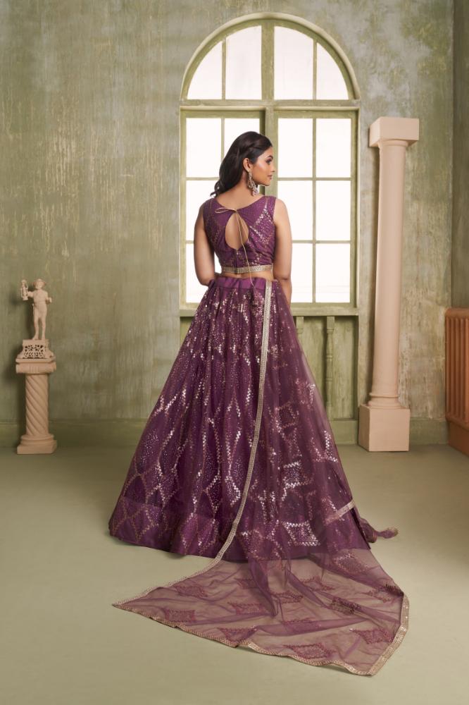 Aastha Fashion Wine Butterfly Net Tone To Tone Cotton Thread Work And Sequence Work Embroidery Wedding Wear Lehenga Choli