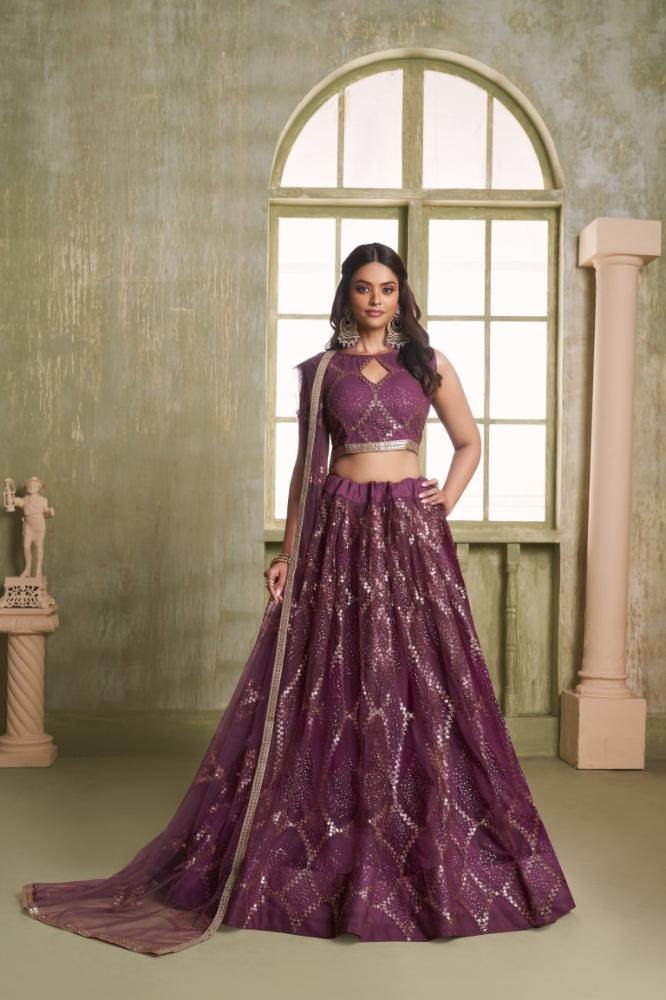 Aastha Fashion Wine Butterfly Net Tone To Tone Cotton Thread Work And Sequence Work Embroidery Wedding Wear Lehenga Choli