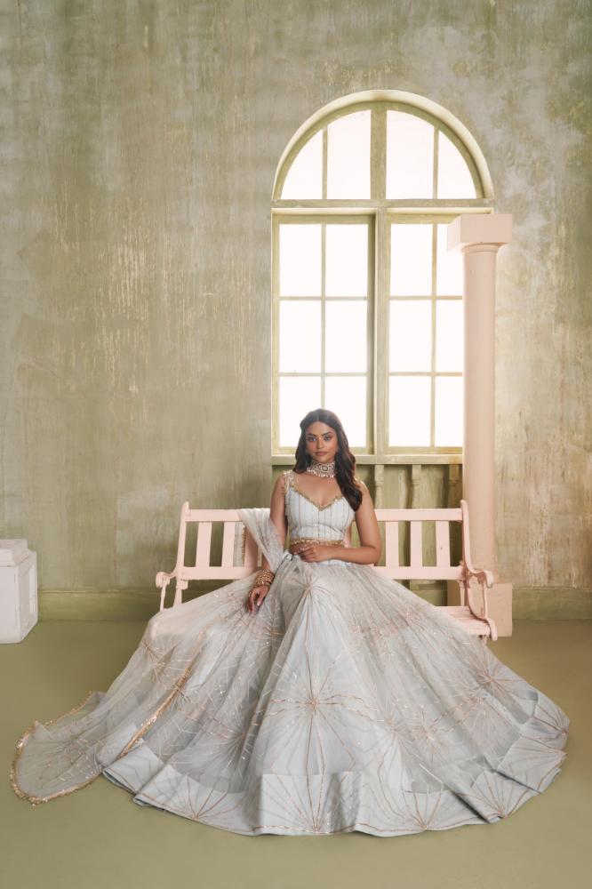 Aastha Fashion Light Gray Butterfly Net Tone To Tone Cotton Thread Work And Sequence Work Embroidery Wedding Wear Lehenga Choli