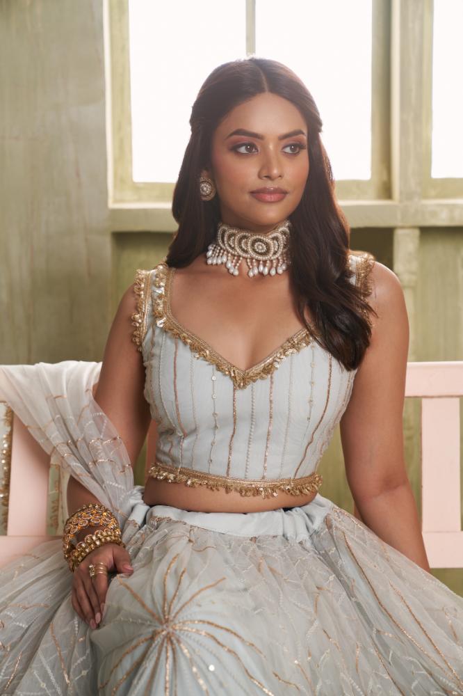 Aastha Fashion Light Gray Butterfly Net Tone To Tone Cotton Thread Work And Sequence Work Embroidery Wedding Wear Lehenga Choli