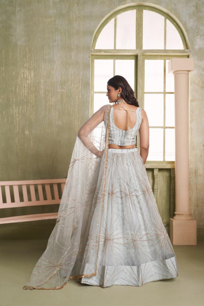 Aastha Fashion Light Gray Butterfly Net Tone To Tone Cotton Thread Work And Sequence Work Embroidery Wedding Wear Lehenga Choli