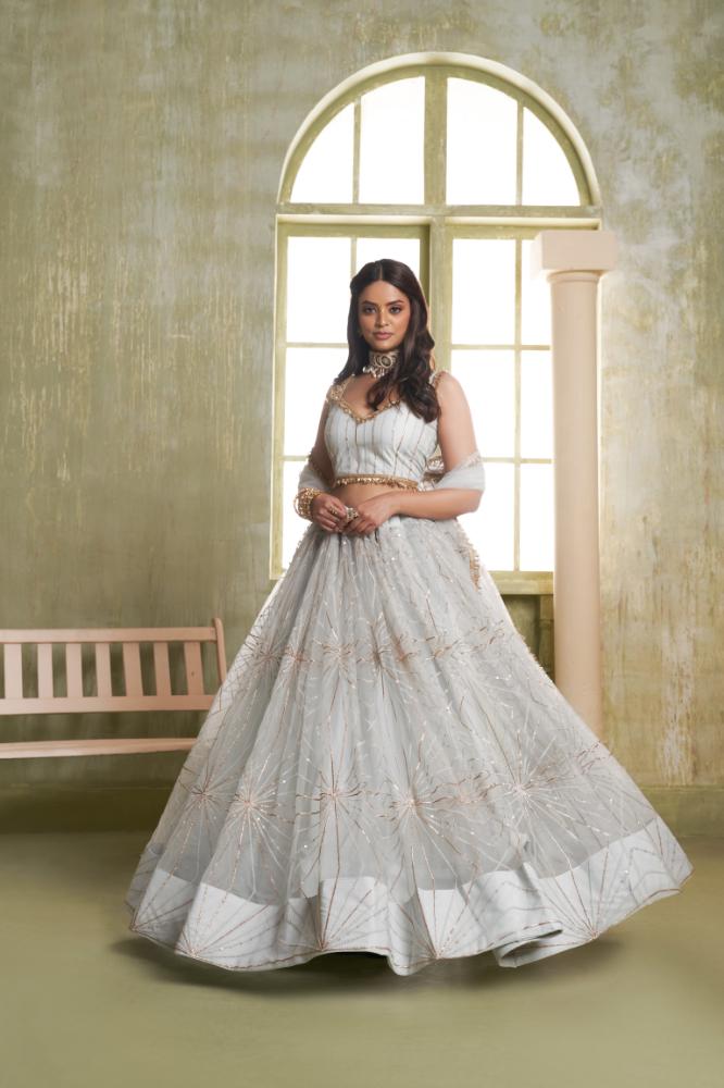 Aastha Fashion Light Gray Butterfly Net Tone To Tone Cotton Thread Work And Sequence Work Embroidery Wedding Wear Lehenga Choli