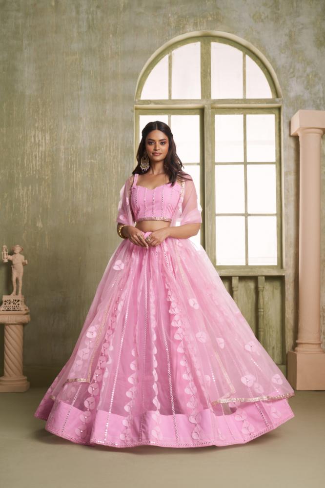 Aastha Fashion Pink Butterfly Net Tone To Tone Cotton Thread Work And Sequence Work Embroidery Wedding Wear Lehenga Choli