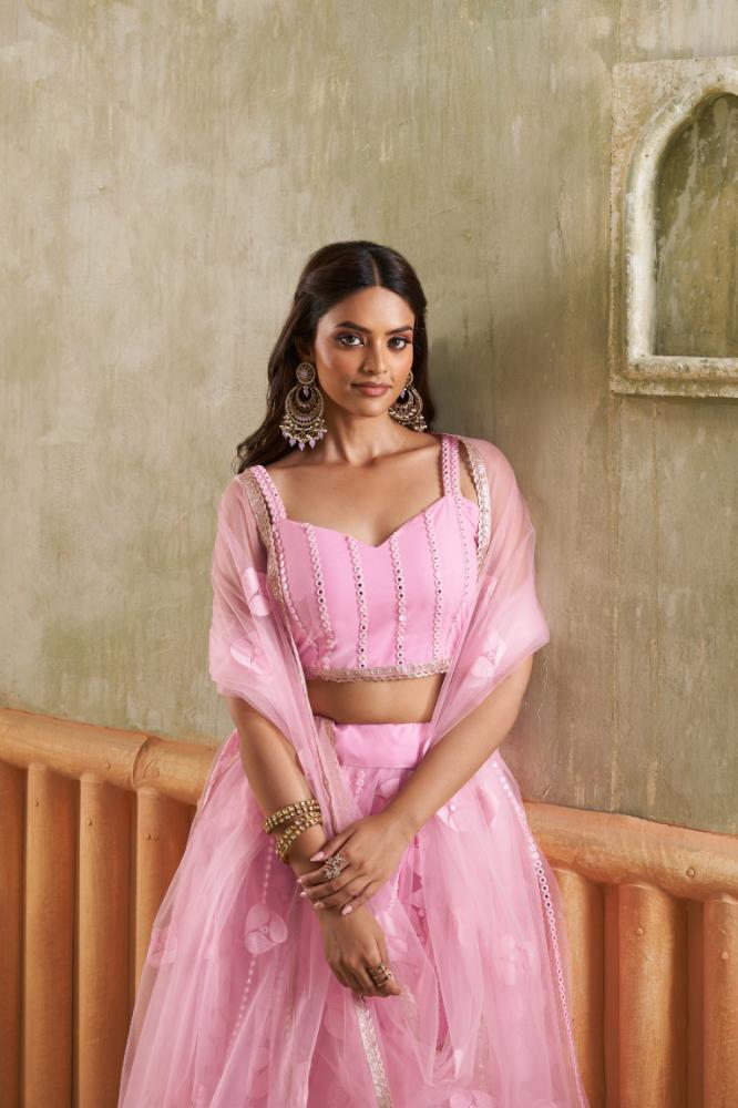 Aastha Fashion Pink Butterfly Net Tone To Tone Cotton Thread Work And Sequence Work Embroidery Wedding Wear Lehenga Choli