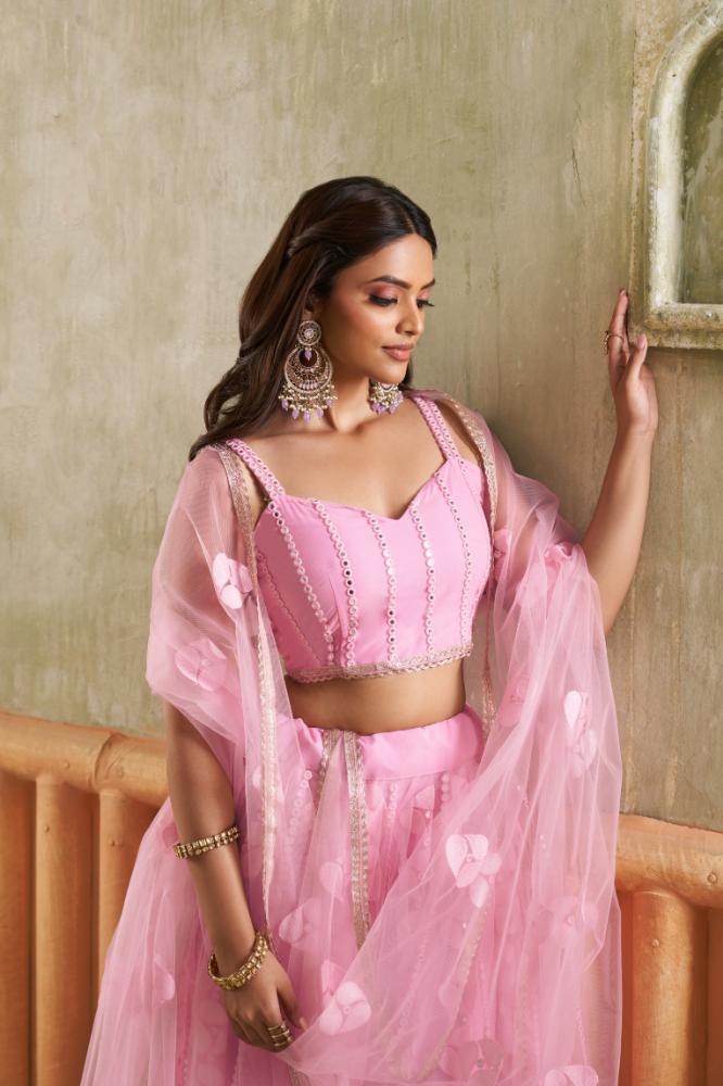 Aastha Fashion Pink Butterfly Net Tone To Tone Cotton Thread Work And Sequence Work Embroidery Wedding Wear Lehenga Choli
