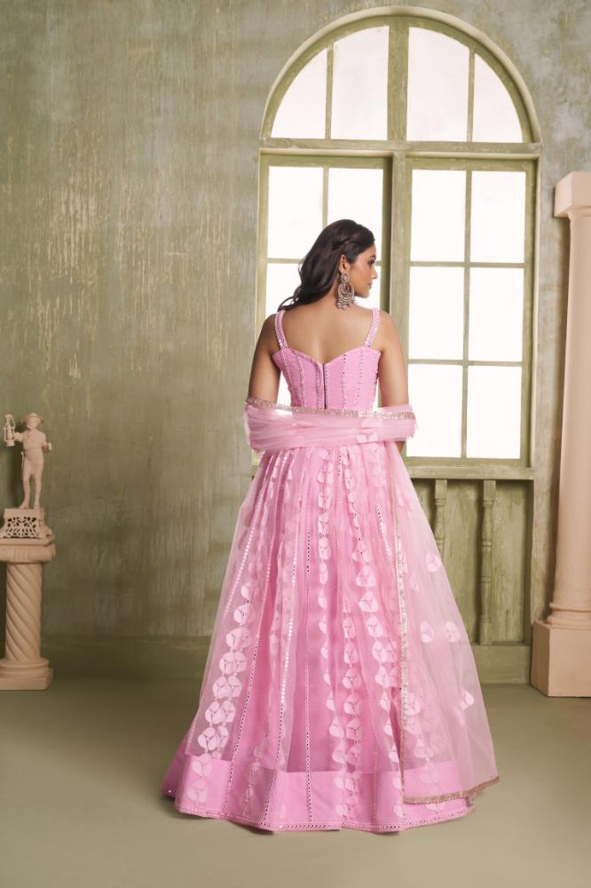 Aastha Fashion Pink Butterfly Net Tone To Tone Cotton Thread Work And Sequence Work Embroidery Wedding Wear Lehenga Choli