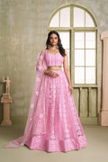 Aastha Fashion Pink Butterfly Net Tone To Tone Cotton Thread Work And Sequence Work Embroidery Wedding Wear Lehenga Choli