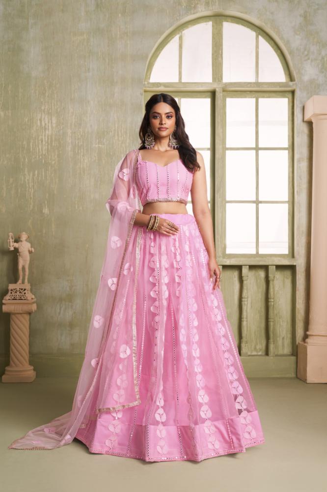 Aastha Fashion Pink Butterfly Net Tone To Tone Cotton Thread Work And Sequence Work Embroidery Wedding Wear Lehenga Choli