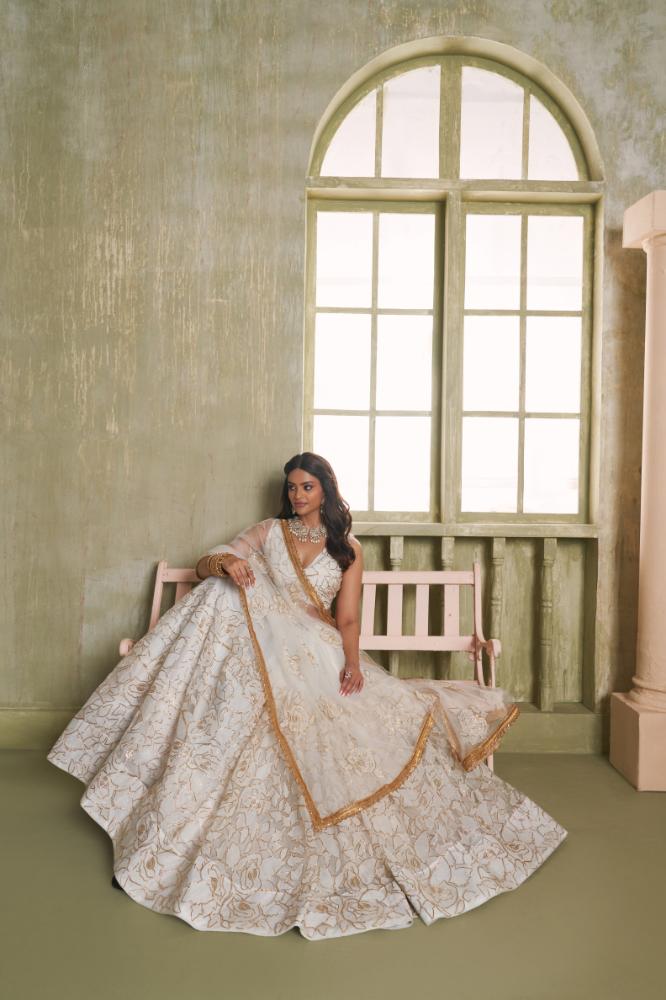 Aastha Fashion White Butterfly Net White Cotton Thread Work And Sequence Work Embroidery Wedding Wear Lehenga Choli