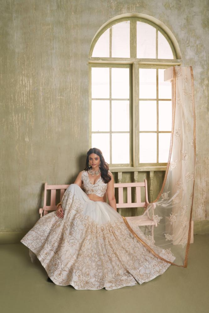 Aastha Fashion White Butterfly Net White Cotton Thread Work And Sequence Work Embroidery Wedding Wear Lehenga Choli