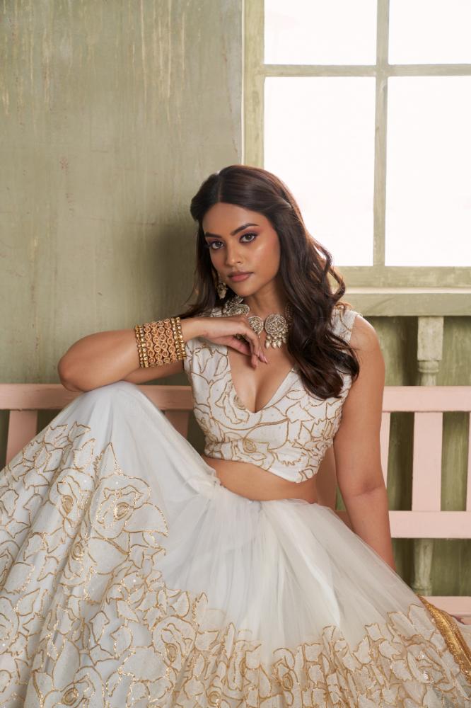 Aastha Fashion White Butterfly Net White Cotton Thread Work And Sequence Work Embroidery Wedding Wear Lehenga Choli