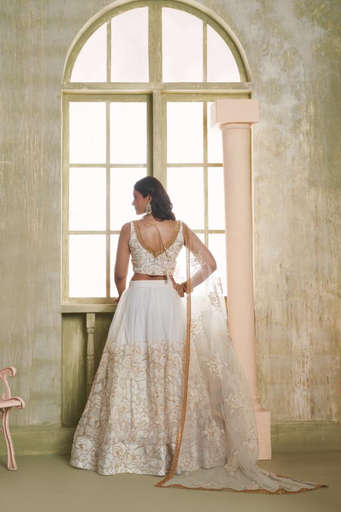 Aastha Fashion White Butterfly Net White Cotton Thread Work And Sequence Work Embroidery Wedding Wear Lehenga Choli