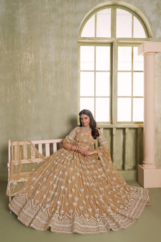 Aastha Fashion Chiku Butterfly Net White Cotton Thread Work And Sequence Work Embroidery Wedding Wear Lehenga Choli