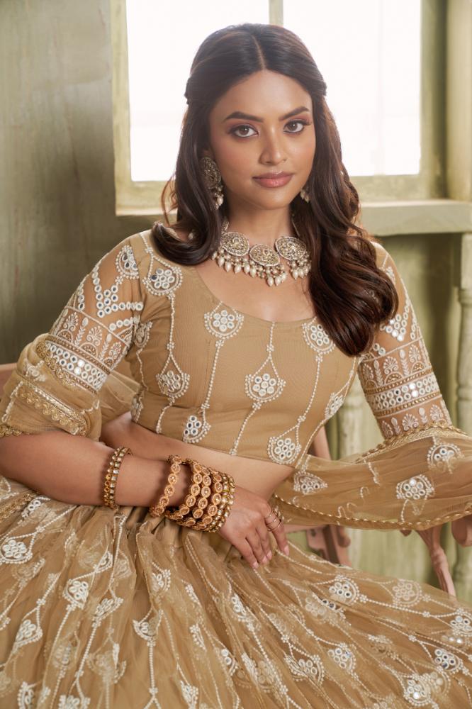 Aastha Fashion Chiku Butterfly Net White Cotton Thread Work And Sequence Work Embroidery Wedding Wear Lehenga Choli