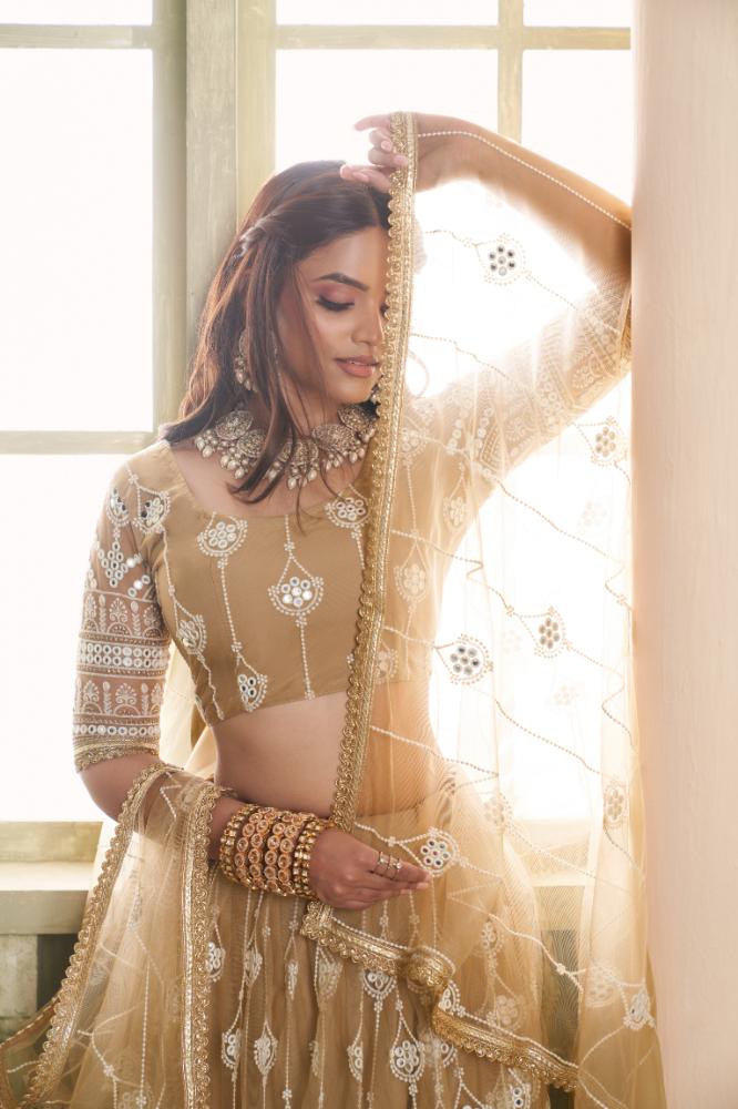 Aastha Fashion Chiku Butterfly Net White Cotton Thread Work And Sequence Work Embroidery Wedding Wear Lehenga Choli