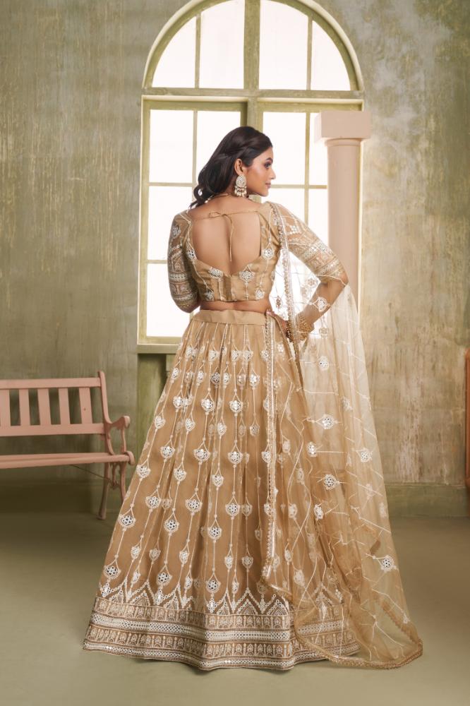 Aastha Fashion Chiku Butterfly Net White Cotton Thread Work And Sequence Work Embroidery Wedding Wear Lehenga Choli