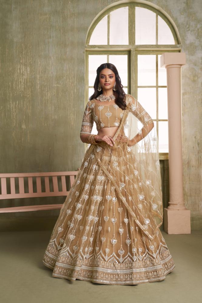 Aastha Fashion Chiku Butterfly Net White Cotton Thread Work And Sequence Work Embroidery Wedding Wear Lehenga Choli