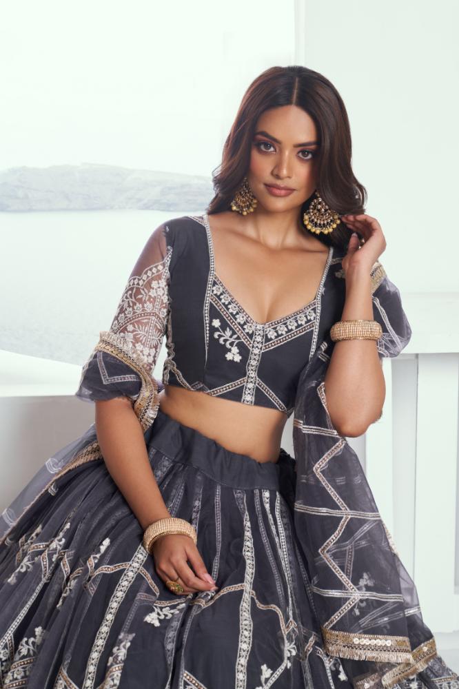 Aastha Fashion Dark Gray Butterfly Net White Cotton Thread Work And Sequence Work Embroidery Wedding Wear Lehenga Choli