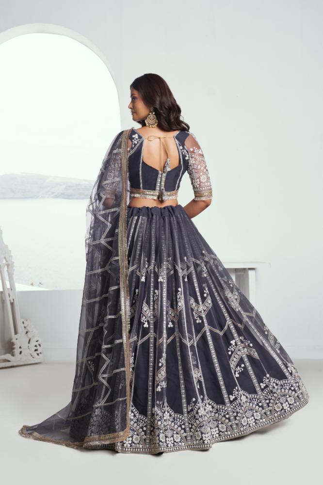 Aastha Fashion Dark Gray Butterfly Net White Cotton Thread Work And Sequence Work Embroidery Wedding Wear Lehenga Choli