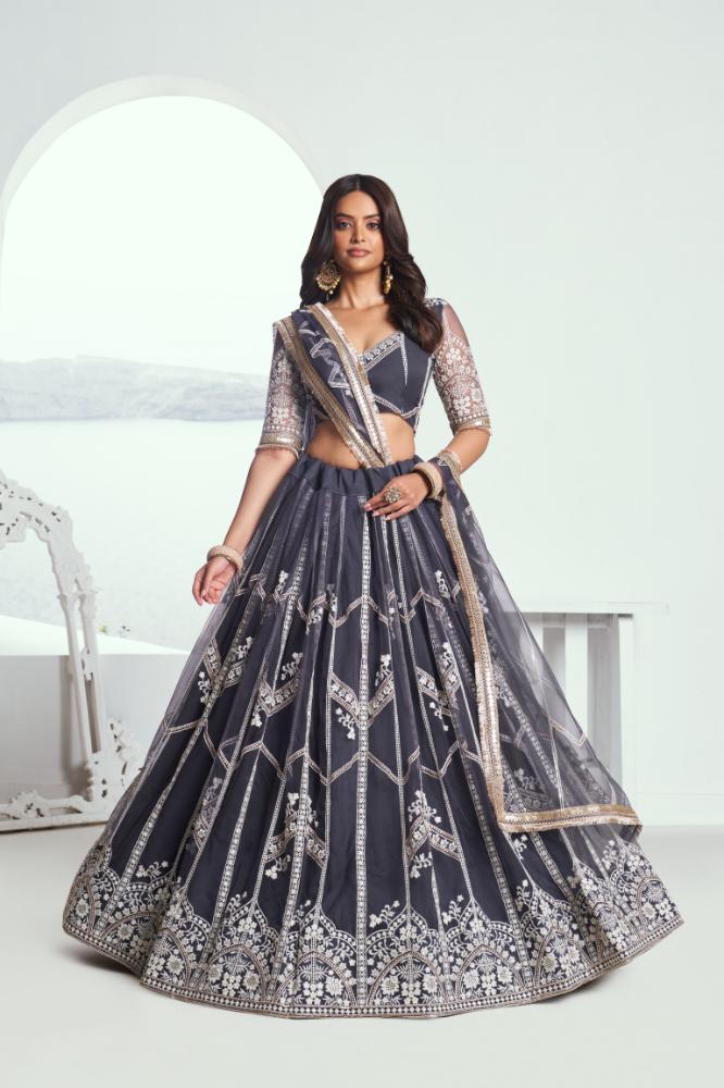 Aastha Fashion Dark Gray Butterfly Net White Cotton Thread Work And Sequence Work Embroidery Wedding Wear Lehenga Choli