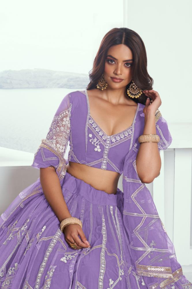 Aastha Fashion Lavender Butterfly Net White Cotton Thread Work And Sequence Work Embroidery Wedding Wear Lehenga Choli