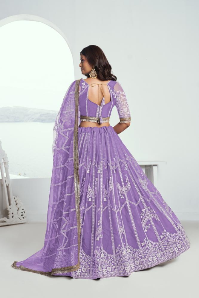 Aastha Fashion Lavender Butterfly Net White Cotton Thread Work And Sequence Work Embroidery Wedding Wear Lehenga Choli