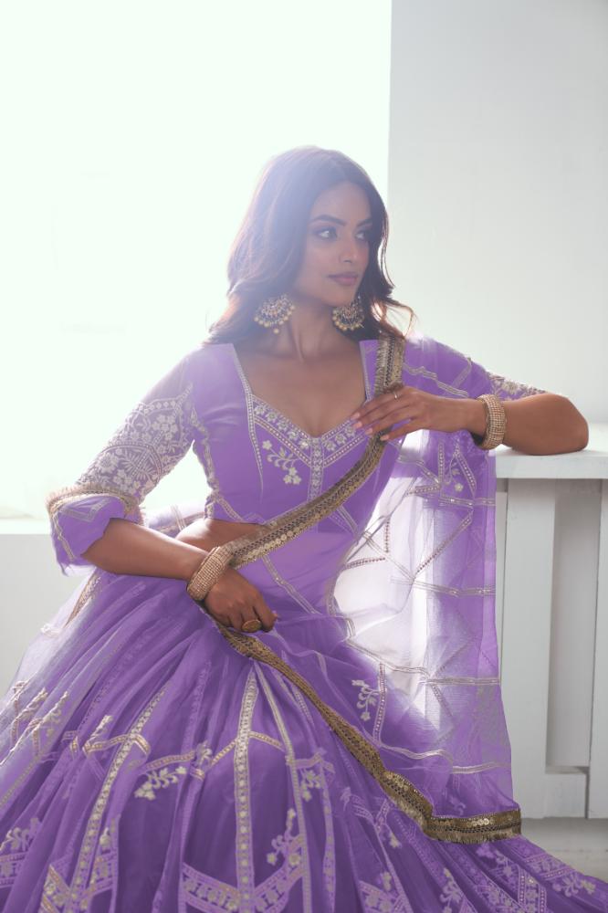 Aastha Fashion Lavender Butterfly Net White Cotton Thread Work And Sequence Work Embroidery Wedding Wear Lehenga Choli