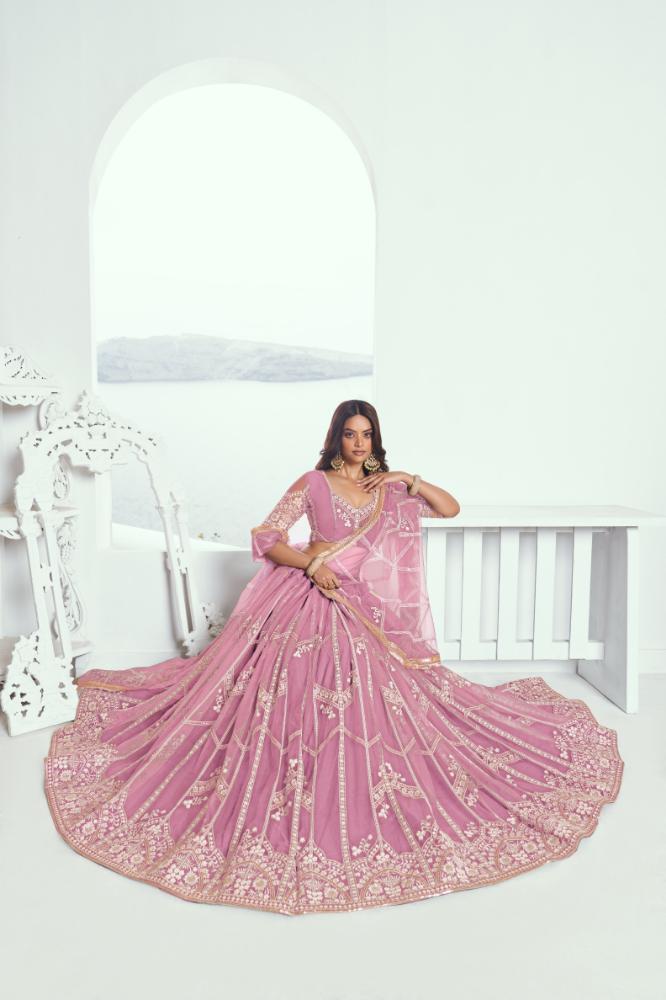 Aastha Fashion Pink Butterfly Net White Cotton Thread Work And Sequence Work Embroidery Wedding Wear Lehenga Choli