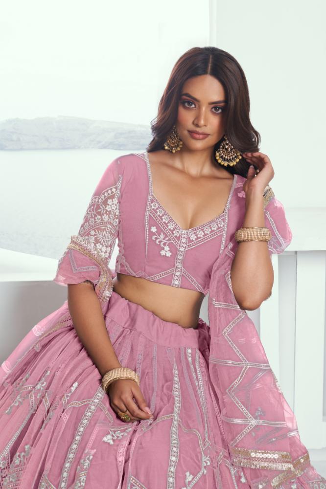 Aastha Fashion Pink Butterfly Net White Cotton Thread Work And Sequence Work Embroidery Wedding Wear Lehenga Choli