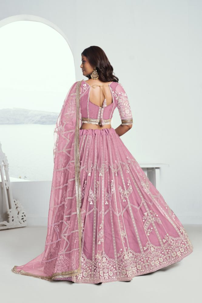 Aastha Fashion Pink Butterfly Net White Cotton Thread Work And Sequence Work Embroidery Wedding Wear Lehenga Choli