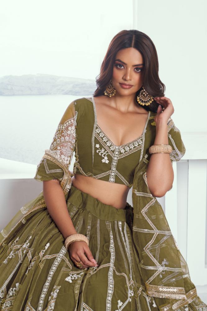 Aastha Fashion Mehandi Green Butterfly Net White Cotton Thread Work And Sequence Work Embroidery Wedding Wear Lehenga Choli