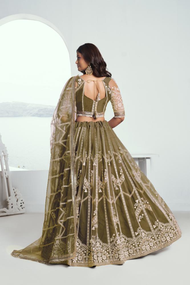 Aastha Fashion Mehandi Green Butterfly Net White Cotton Thread Work And Sequence Work Embroidery Wedding Wear Lehenga Choli