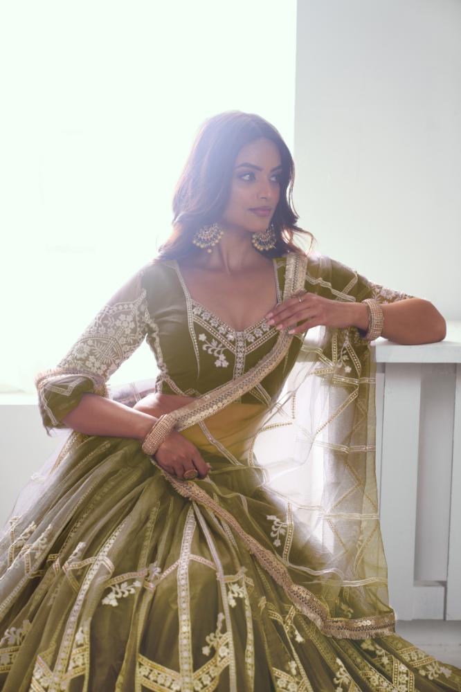 Aastha Fashion Mehandi Green Butterfly Net White Cotton Thread Work And Sequence Work Embroidery Wedding Wear Lehenga Choli