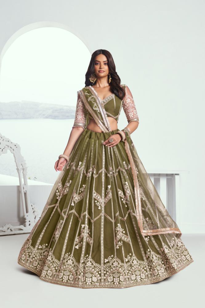 Aastha Fashion Mehandi Green Butterfly Net White Cotton Thread Work And Sequence Work Embroidery Wedding Wear Lehenga Choli