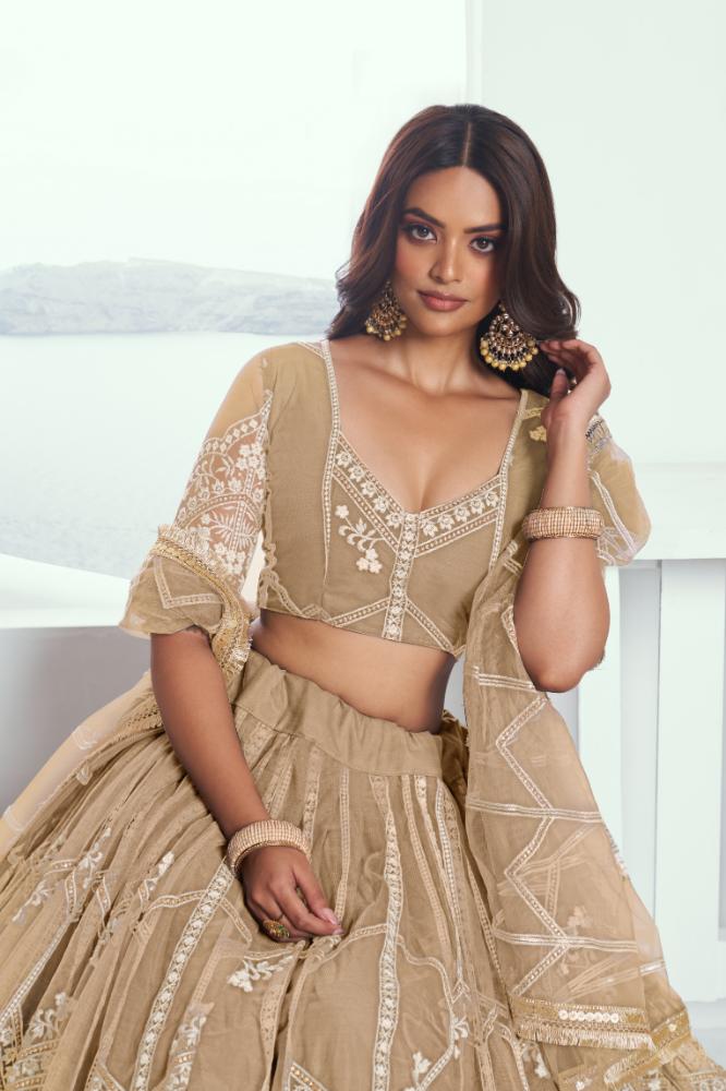 Aastha Fashion Chiku(Beige) Butterfly Net White Cotton Thread Work And Sequence Work Embroidery Wedding Wear Lehenga Choli
