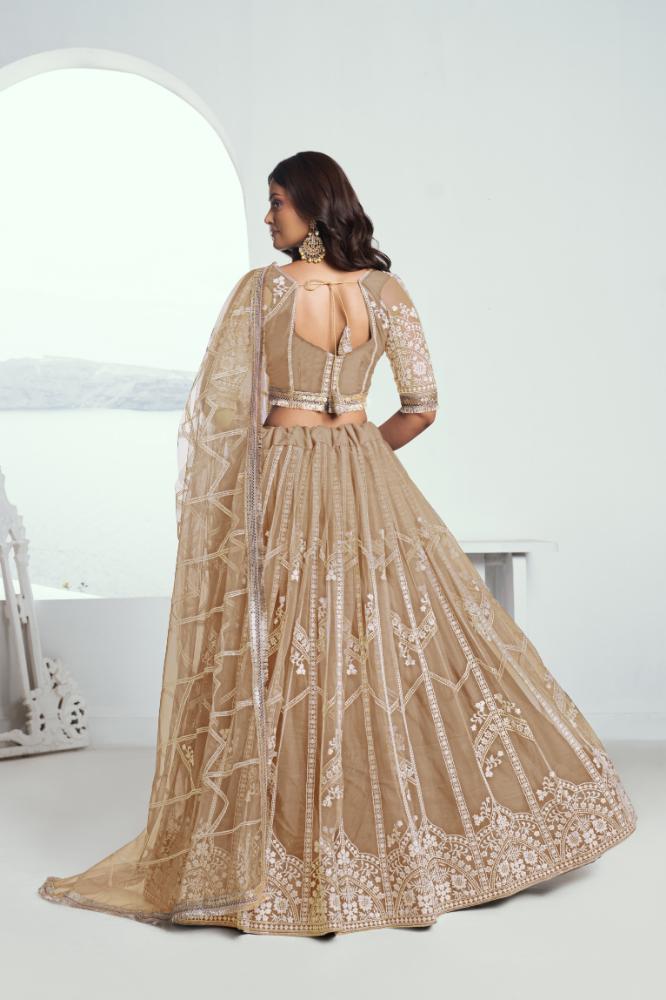 Aastha Fashion Chiku(Beige) Butterfly Net White Cotton Thread Work And Sequence Work Embroidery Wedding Wear Lehenga Choli