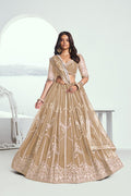 Aastha Fashion Chiku(Beige) Butterfly Net White Cotton Thread Work And Sequence Work Embroidery Wedding Wear Lehenga Choli