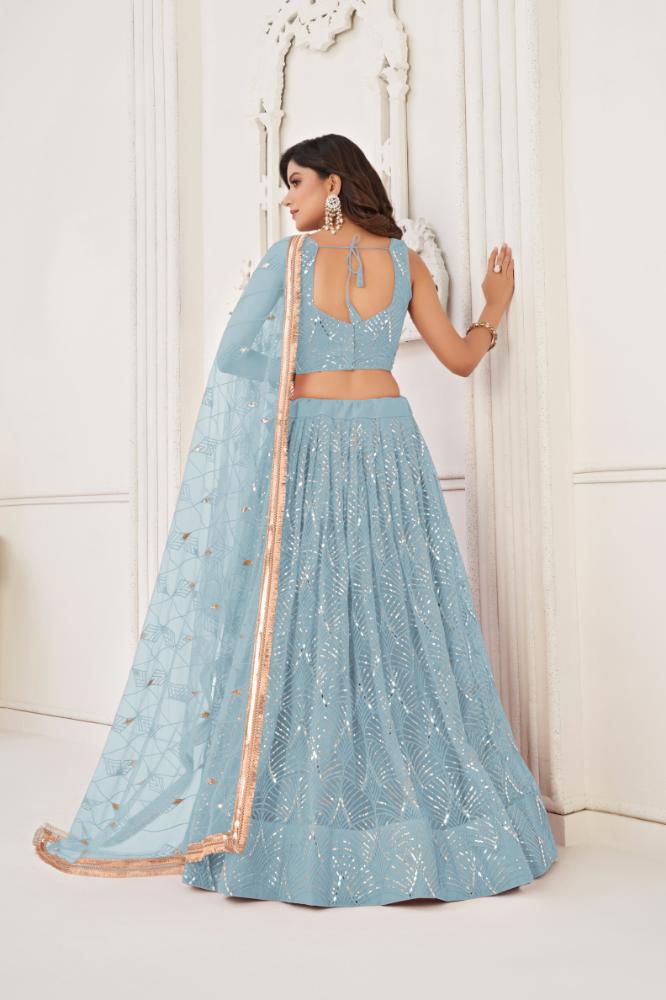 Aastha Fashion Sky Blue Butterfly Net Tone To Tone Cotton Thread Work With Sequence Work Embroidery Wedding Wear Lehenga Choli