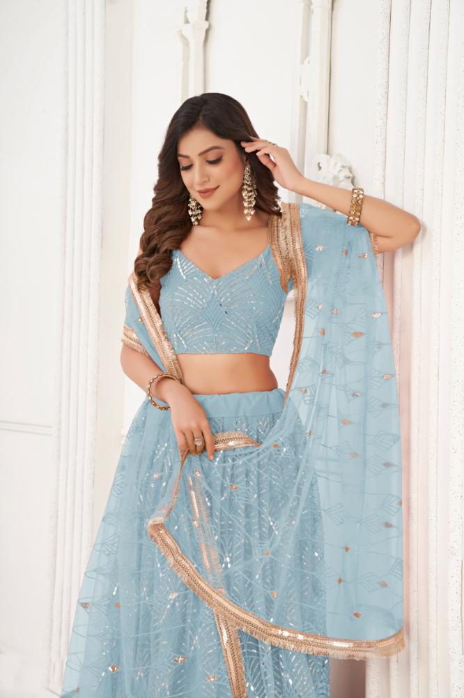 Aastha Fashion Sky Blue Butterfly Net Tone To Tone Cotton Thread Work With Sequence Work Embroidery Wedding Wear Lehenga Choli