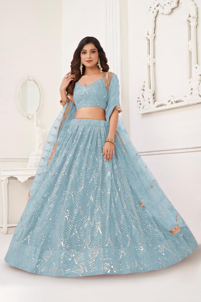Aastha Fashion Sky Blue Butterfly Net Tone To Tone Cotton Thread Work With Sequence Work Embroidery Wedding Wear Lehenga Choli