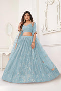 Aastha Fashion Sky Blue Butterfly Net Tone To Tone Cotton Thread Work With Sequence Work Embroidery Wedding Wear Lehenga Choli