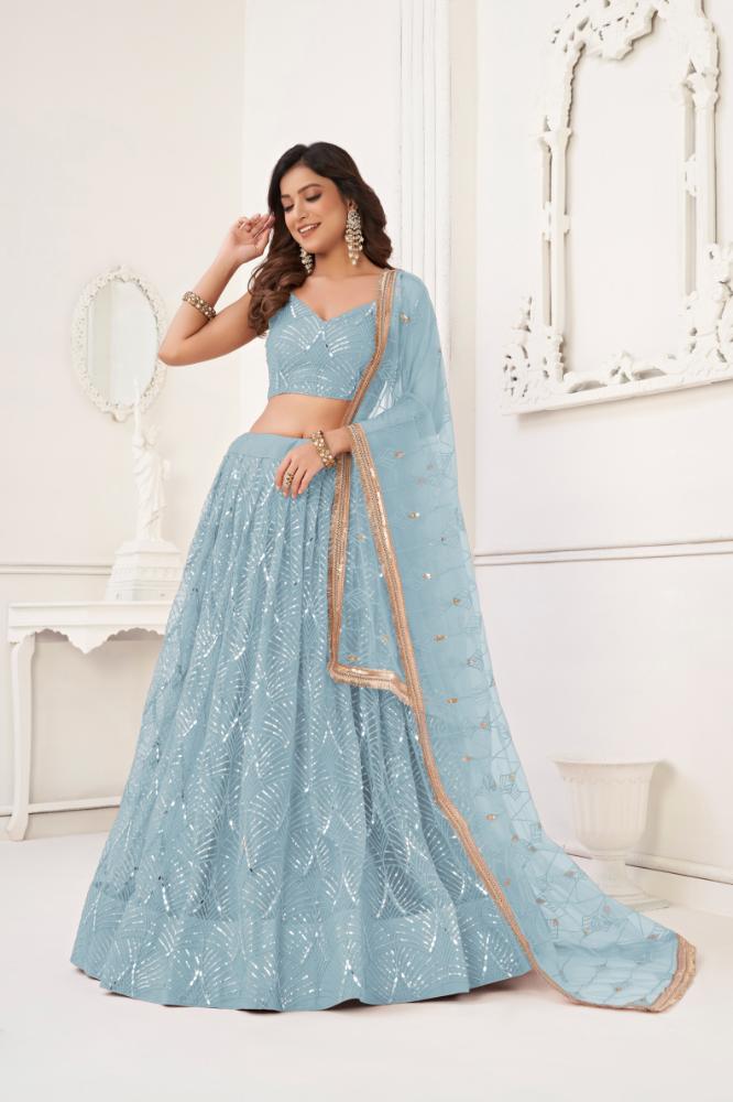 Aastha Fashion Sky Blue Butterfly Net Tone To Tone Cotton Thread Work With Sequence Work Embroidery Wedding Wear Lehenga Choli