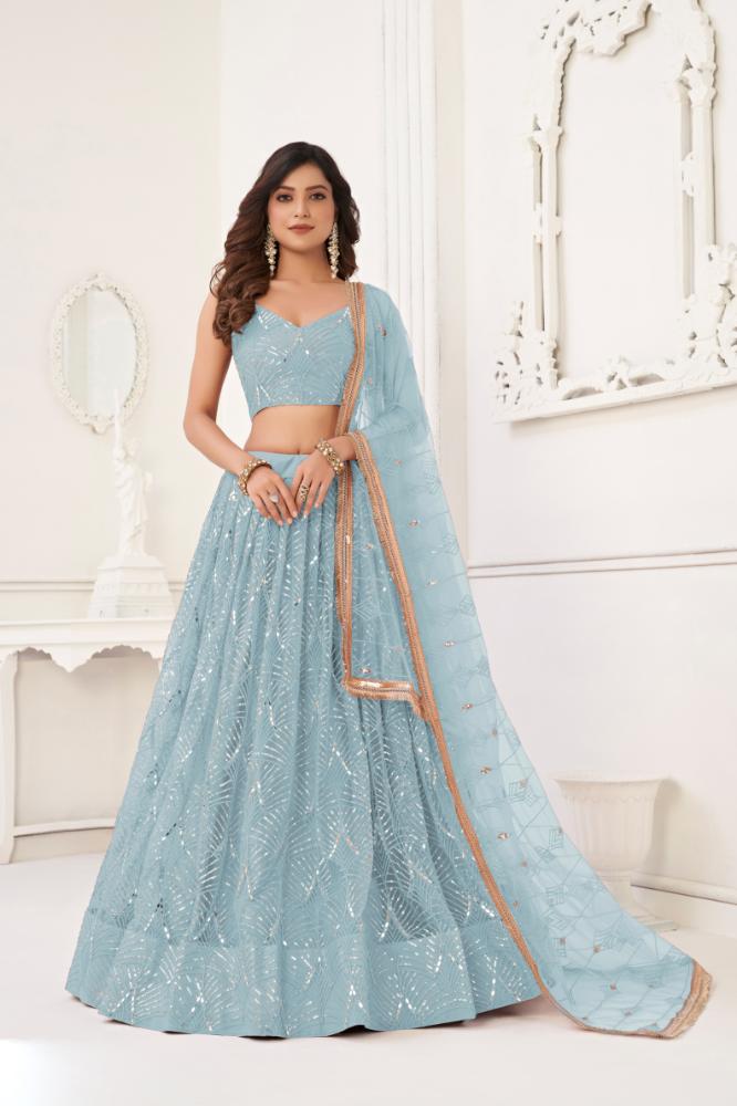 Aastha Fashion Sky Blue Butterfly Net Tone To Tone Cotton Thread Work With Sequence Work Embroidery Wedding Wear Lehenga Choli