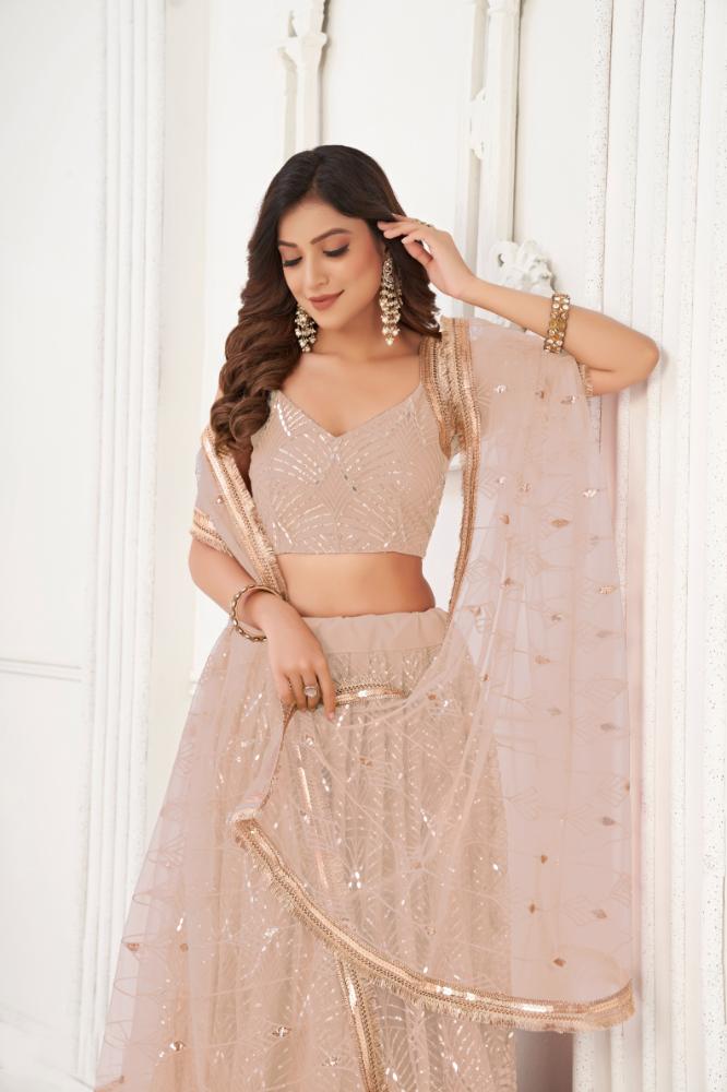 Aastha Fashion Peach Butterfly Net Tone To Tone Cotton Thread Work With Sequence Work Embroidery Wedding Wear Lehenga Choli